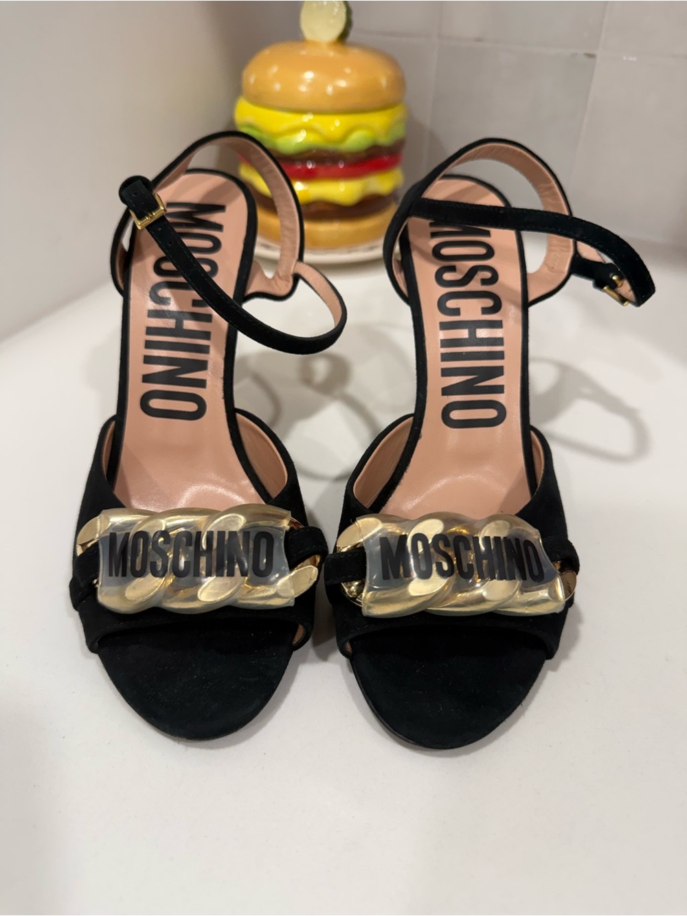 Moschino Black Suede Heeled Sandals with Gold Chain Logo
